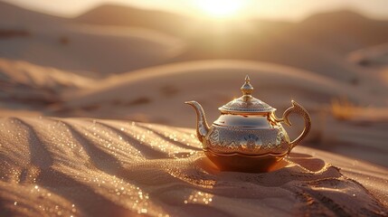 Oriental gold teapot lying on the sand in the desert dunes, Kettle on a Desert