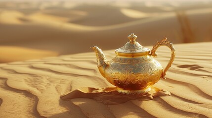 Oriental gold teapot lying on the sand in the desert dunes, Kettle on a Desert