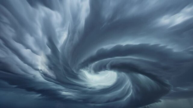 Dramatic spiral cloud formation dominates stormy sky. Swirling pattern of dark gray clouds creates vortex-like appearance. Center of formation lighter, giving illusion of eye. 