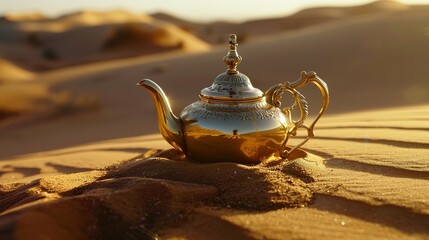 Oriental gold teapot lying on the sand in the desert dunes, Kettle on a Desert