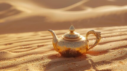 Oriental gold teapot lying on the sand in the desert dunes, Kettle on a Desert