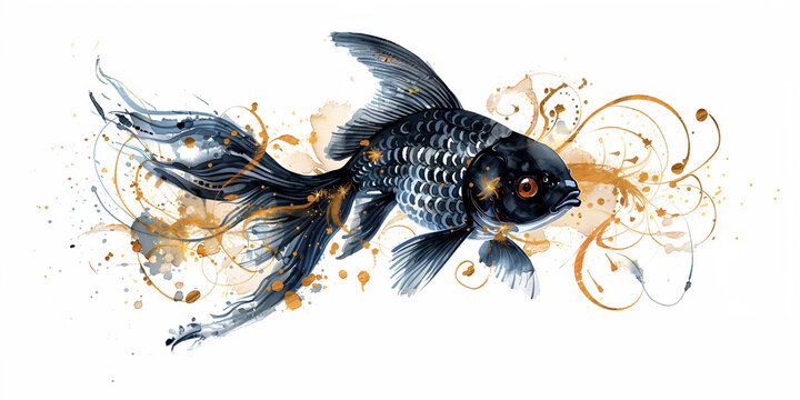 Poisson koi noir, poisson chinois &agrave; voile,  avec &eacute;claboussures dor&eacute;es en illustration artistique asiatique, sur fond blanc,  