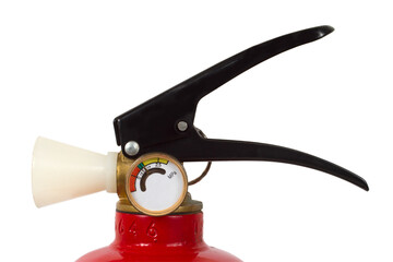 Close-up of the top of the fire extinguisher. Fire extinguisher with pressure gauge.