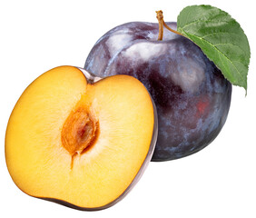 Fresh Black Plum fruit isolated on white background, Black Plums fruits on white PNG File.
