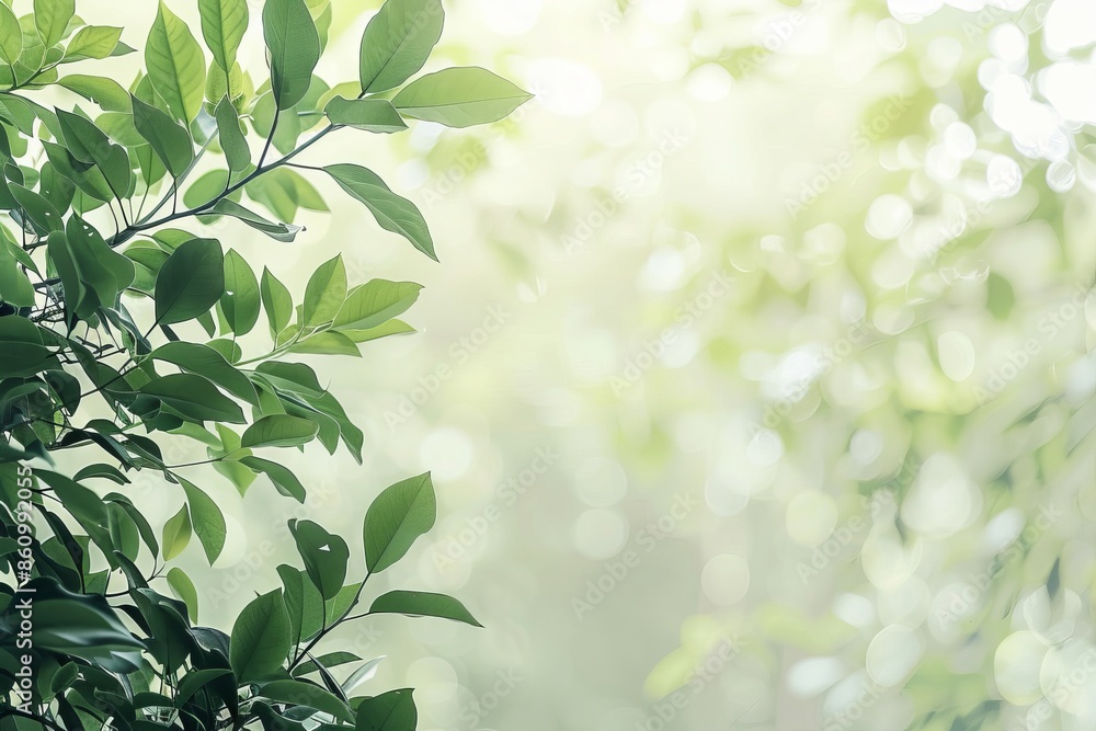 Wall mural Fresh green foliage glistening with sunlight against a soft bokeh background, symbolizing nature and growth