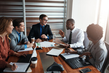 Business people, teamwork and meeting with data analytics of financial report, solution or...