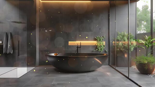 bathroom interior design with matte black bath seamless looping overlay 4k virtual video animation background