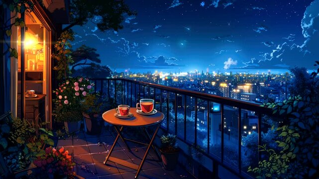 Cozy balcony with tea set and city view under starry night, animation background loop
