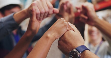 Business people, hands together and meeting with team building for collaboration or mission at warehouse. Closeup, group or employees in unity for community, engagement or synergy at storage depot