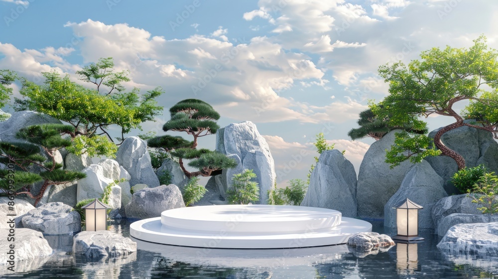 Poster a white stone platform with a large tree in the background. generate ai image