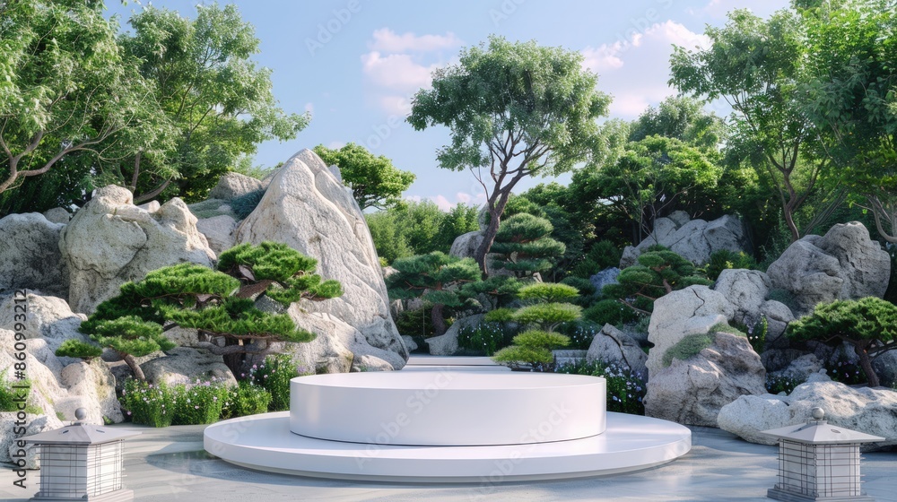 Aufkleber a white stone platform with a large tree in the background. generate ai image