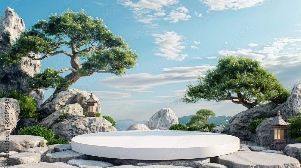Poster a white stone platform with a large tree in the background. generate ai image