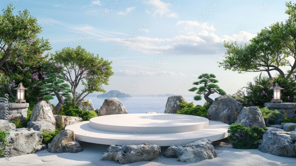 Poster a white stone platform with a large tree in the background. generate ai image