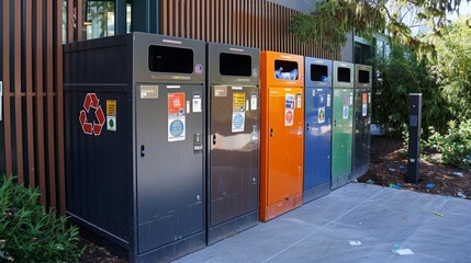 Clean and efficient recycling station, featuring clearly labeled bins for plastic, glass, and other waste types, promoting sustainability