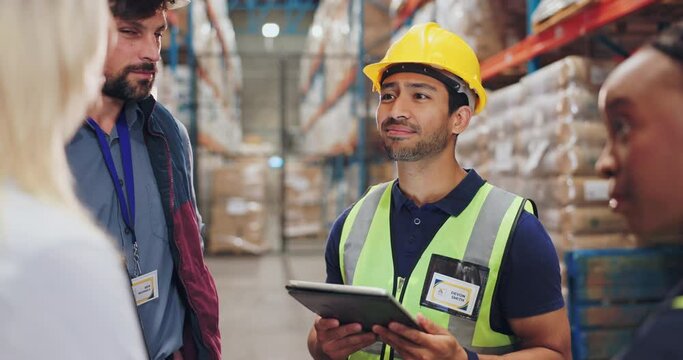 Warehouse, people and planning with tablet or discussion, inspection and construction team or conversation. Brainstorming, development and online inventory for project, storage depot and contractor