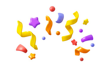 Vector 3d confetti firework background. Colorful realistic firecracker icon, cute design elements isolated. Birthday or carnival illustration, party serpentine decoration set.
