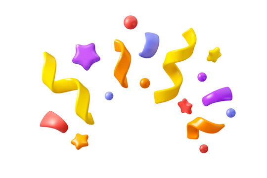Vector 3d confetti firework background. Colorful realistic firecracker icon, cute design elements isolated. Birthday or carnival illustration, party serpentine decoration set.