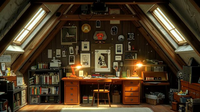 Cozy attic workspace with vintage decor and warm lighting, animation background loop