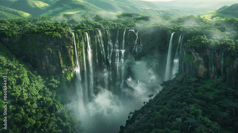 Poster a lush green forest with a waterfall in the middle. generate ai image