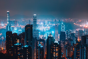 Obraz premium Mesmerizing city skyline at night, with twinkling skyscraper lights creating a cinematic scene