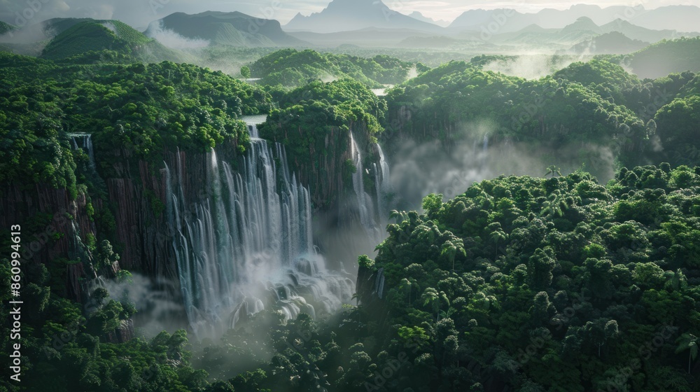Poster a lush green forest with a waterfall in the middle. generate ai image