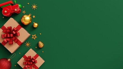 Christmas green background with christmas balls and decoration 3d render illustration