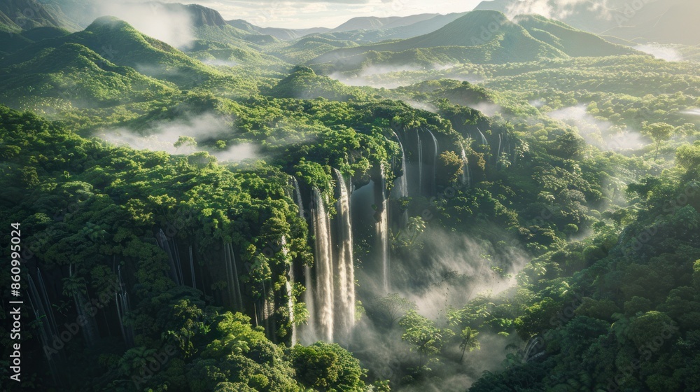 Poster a lush green forest with a waterfall in the middle. generate ai image
