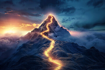 Fototapeta premium Path to success concept with a glowing light path ascending a mountain