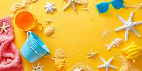 Summer Vibes: Creative Arrangement of Beach Items on Yellow Background