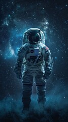 Fototapeta premium A lone astronaut, male, caucasian. Spacesuit design with an emphasis on realistic wear, showing scuffs, dents, and accumulated