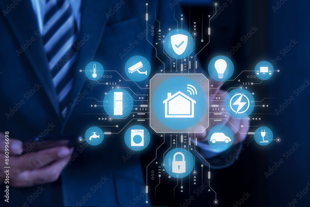 Poster smart home digital remote control on smartphone concept. internet of things in technology control. b
