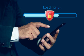 Person using smartphone with virtual loading bar for download software and Shield protection icon. Data Security Privacy Online Security Protection Concept