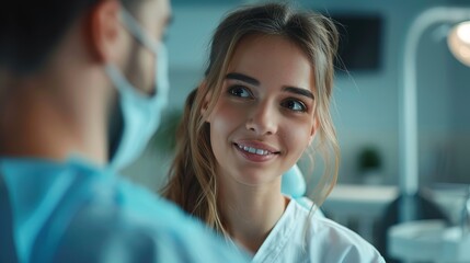 Fototapeta premium A woman is smiling at a man in a white lab coat