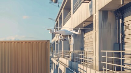 Naklejka premium Warehouse robots load parcels onto autonomous delivery drones. Cutting-edge delivery drones fly from warehouses to customers waiting for their parcels.