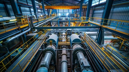 Contemporary sugar factory, overview of the automated cane process line, displaying innovative technology and clean, efficient production