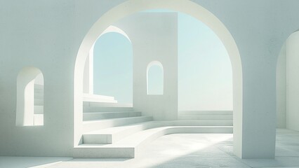 A long tunnel with arches and a sky backdrop