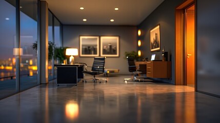 Inside the Abstract office, blurred with beautiful lights and lights at night. Blurred workspace with blur effect.