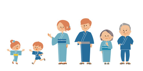 日本の夏祭り　盆踊り　浴衣を着た三世帯家族のイラスト