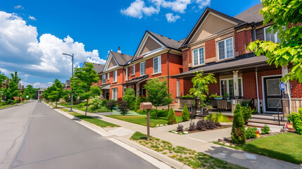 Naklejka premium Exterior of brick houses in a row with plants in backyard and empty street on front against blue sky during sunny day : Generative AI
