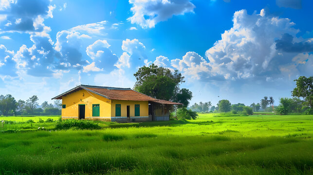 Traditional Indian village house surrounded by green grass and beatiful cloudy blue sky Village landscape : Generative AI