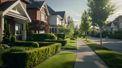 Nicely trimmed and manicured garden in front of a luxury house on a sunny summer day Street of houses in the suburbs of Canada : Generative AI