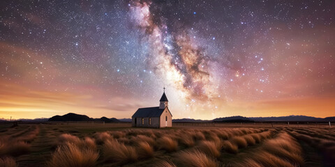 Rural Church Under the Milky Way in a Field