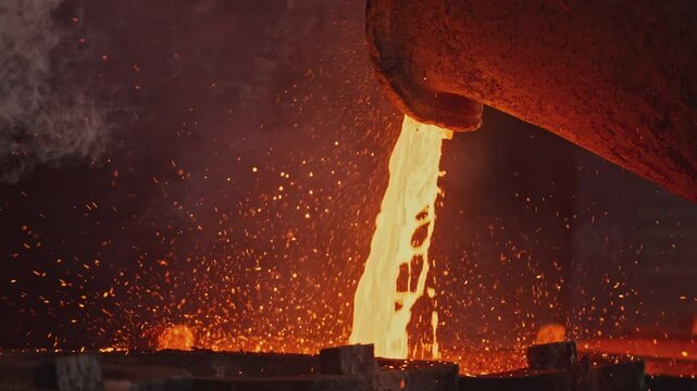Pit pours liquid metal into molds. Stock footage. Liquid mass of molten metal pours out of pit. Stream of liquid metal is poured into molds at metallurgical plant