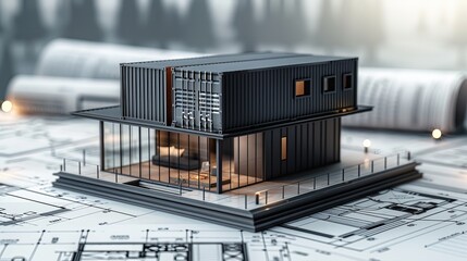Detailed cargo container model set against building blueprint plans, modern metal color scheme, emphasizing sleek and innovative design