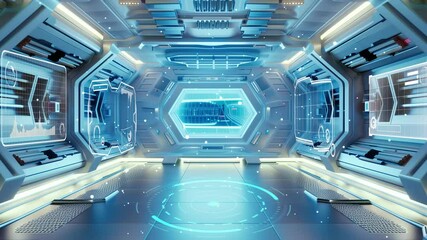 futuristic space with spaceship blue interior with empty window 3d rendering seamless looping overlay 4k virtual video animation background - Powered by Adobe