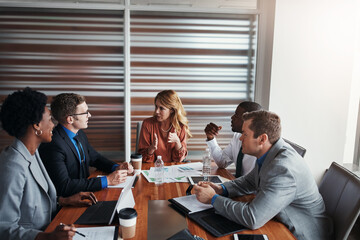 Obraz premium Business meeting, graph or people in office with tablet, documents or financial planning, teamwork or strategy. Economy, solution and accounting group with data analytics, stats or investment review