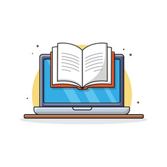 Laptop with Book Vector Illustration. Online Course Study Concept Design