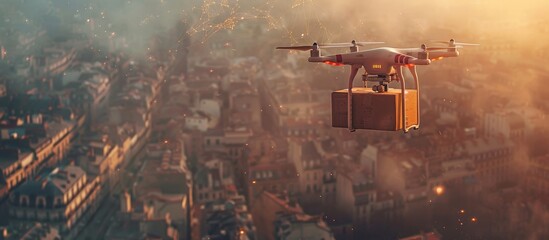 A drone carrying a package flies over a city at sunset, symbolizing modern delivery technology and connectivity.