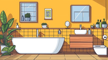 Modern Bathroom with Yellow Walls and Wooden Accents
