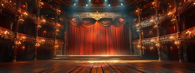 Rich curtains framing the stage in a grand theater, adding a touch of elegance.